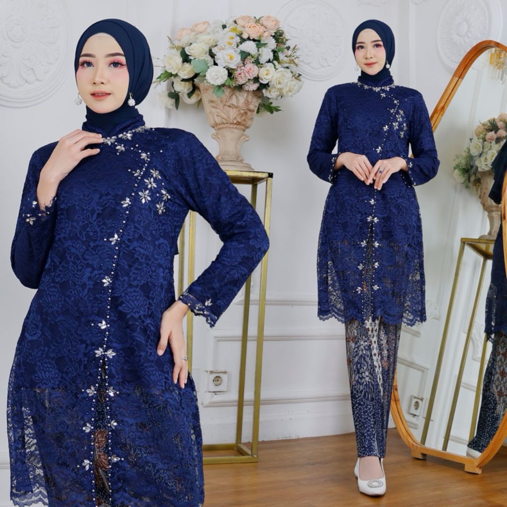 (FREE HIJAB) Kebaya Tunik Brukat Tamara Payet Set Rok Plisket Batik // Baju Kondangan Modern // Keba