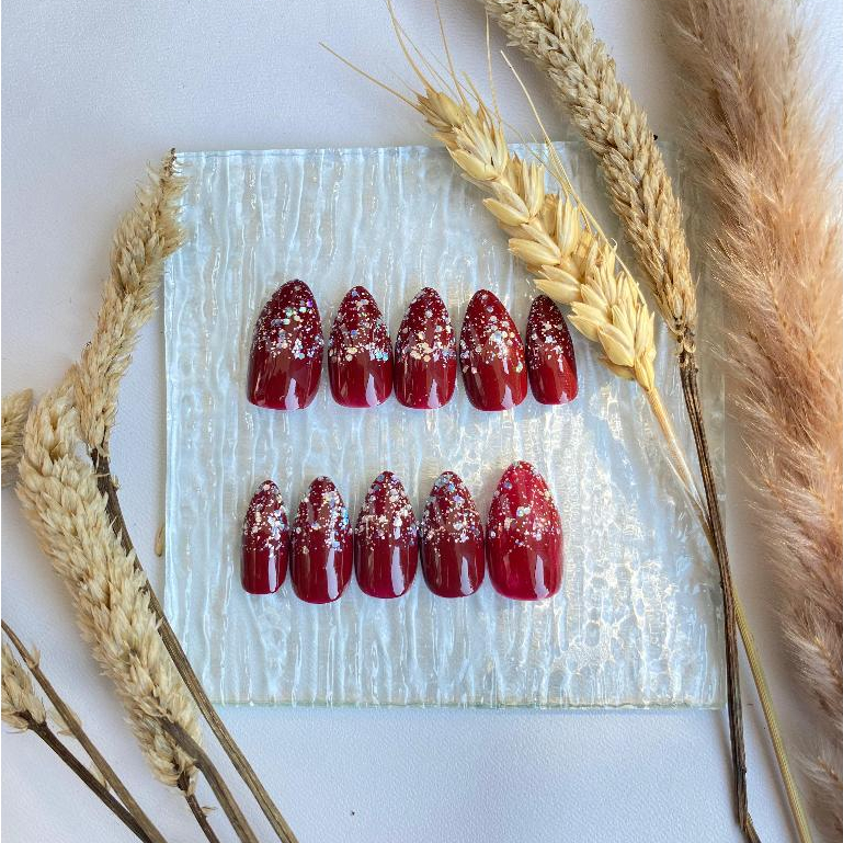 FREE LEM - Kuku palsu pendek handmade pengantin wedding wisuda cantik warna maroon Vol A01| Fake nai