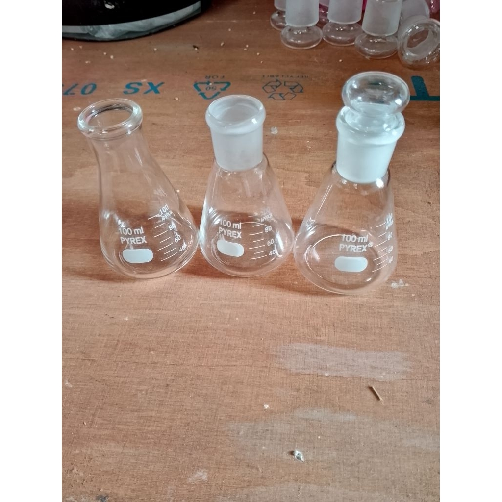 Erlenmeyer 100 ml Rim, Asah + Tutup asah Pyrex
