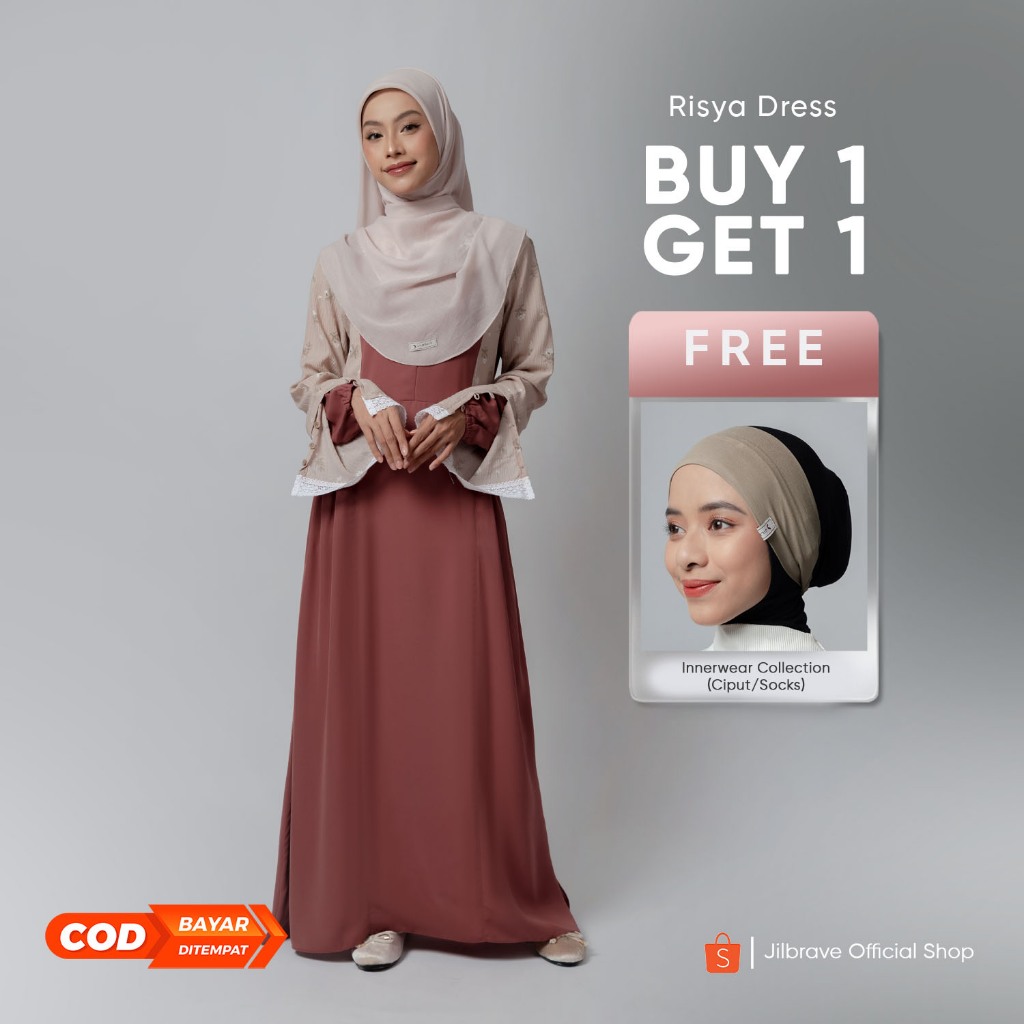 Jilbrave Risya Dress Gamis Kondangan Feminine Kombinasi Motif Bunga Elegant Chic Look