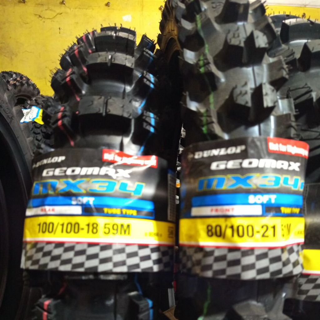 ban trail Dunlop geomax mx34 ring 18/21 sepasang depan dan belakang ukuran 100-100/18 dan 80-100/21.