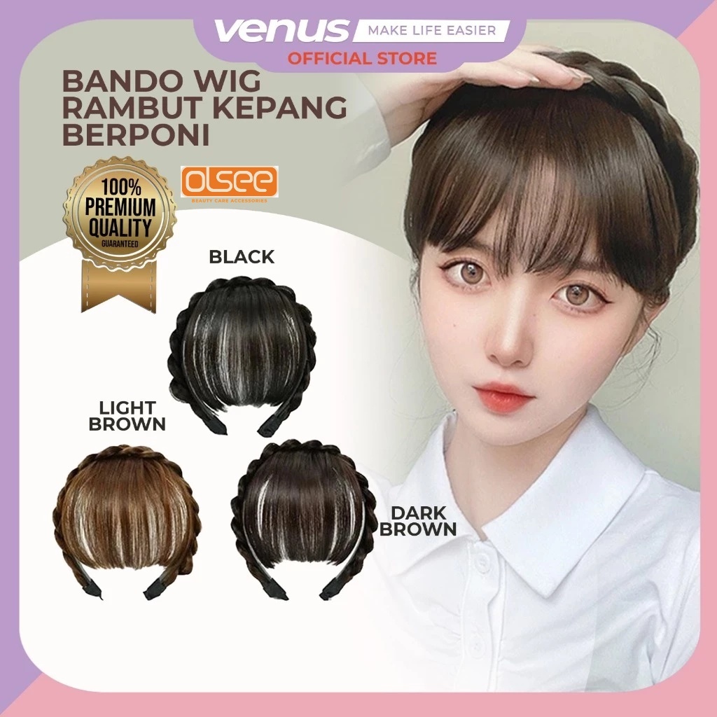 OLSEE – Bando Wig Rambut Palsu Wanita - Poni Lurus & Kepang Korean Style - Bando Rambut Palsu / Wig 