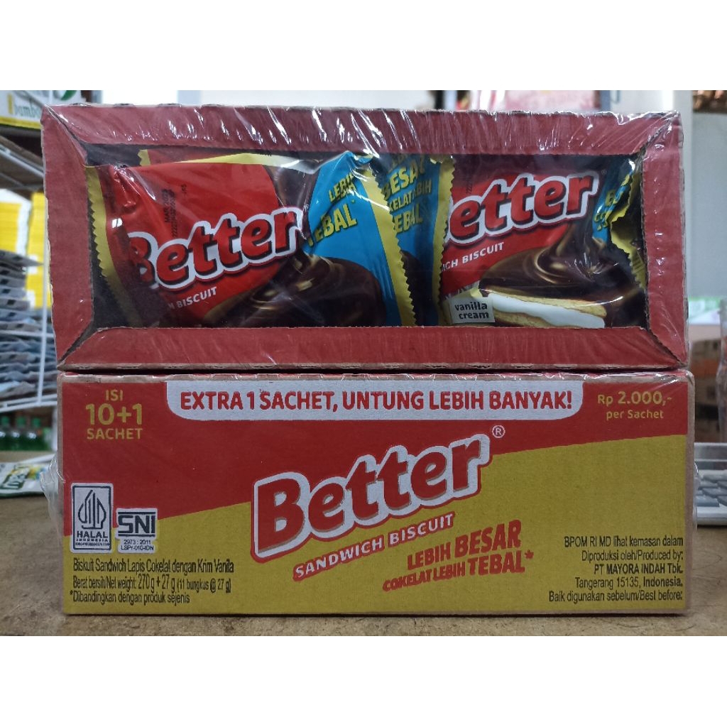 

Better Sandwich Biscuit isi 10 + 1 pcs x 27g biskuit berisi vanila cream dan berlumer coklat di luar pembelian paket 3 box