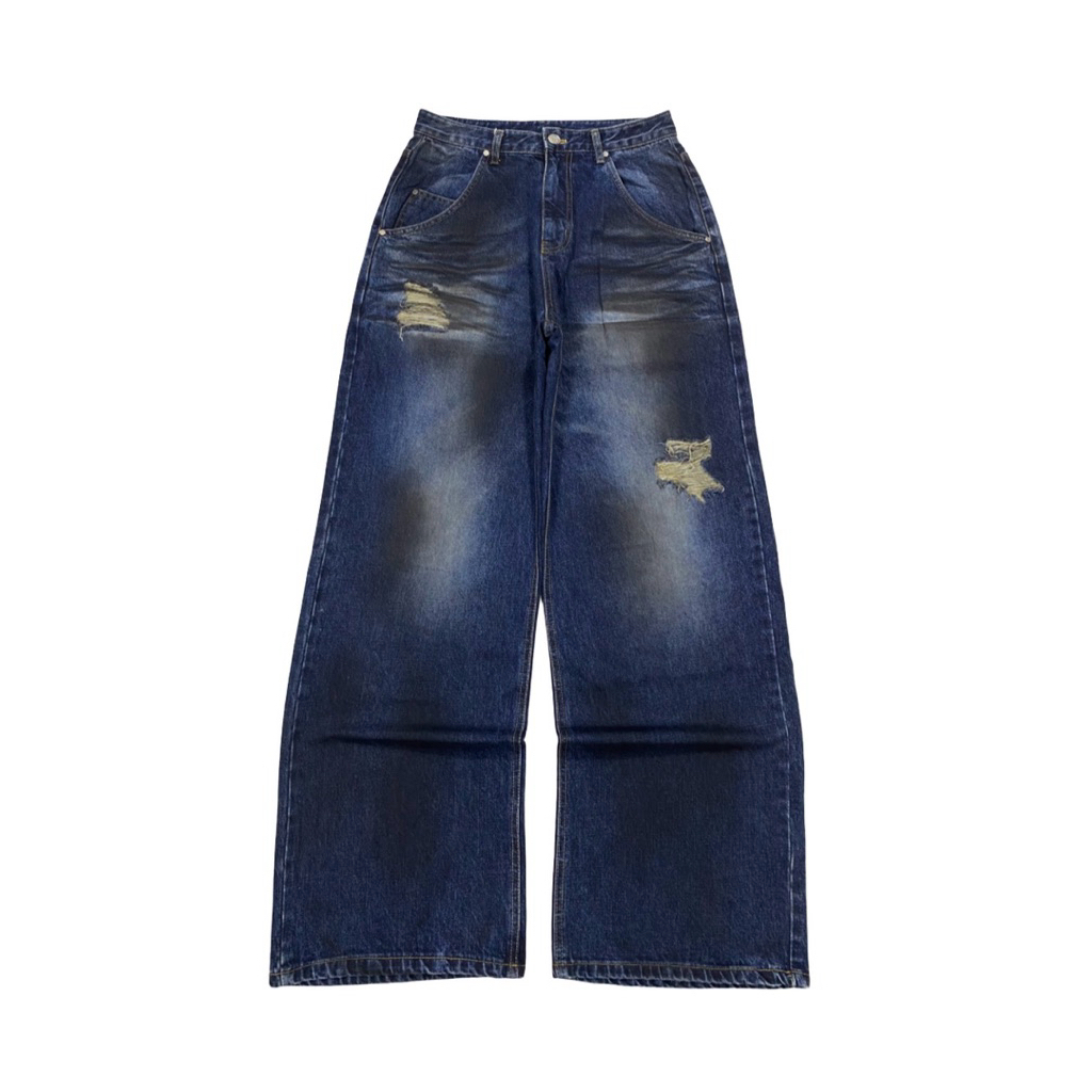 DNSR BAGGY WIDE DARK BLUE WASH RIPPED STAIN JEANS Y2K PANTS