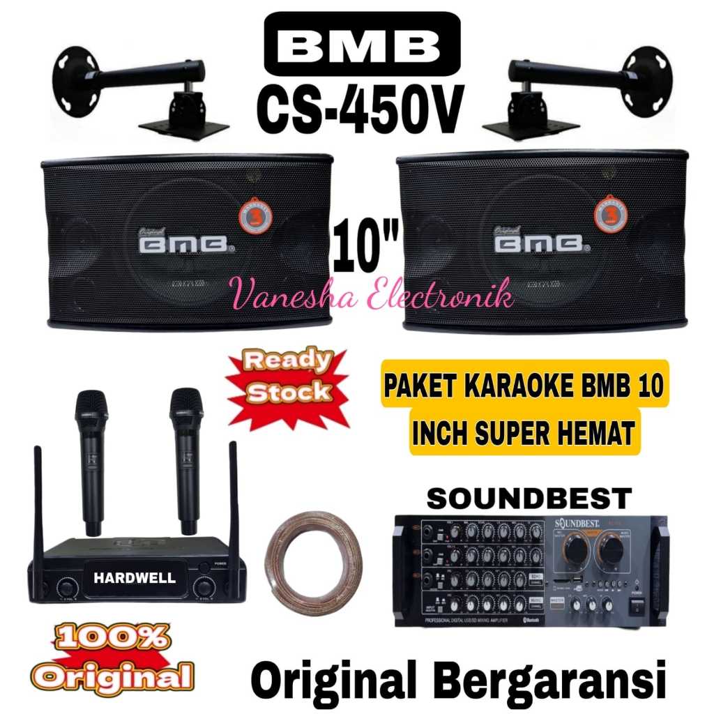 Paket Karaoke Speaker Pasif 10Inch BMB CS450V+Power Amplifier Soundbest+1 Set Mic Wireless Hardwell 