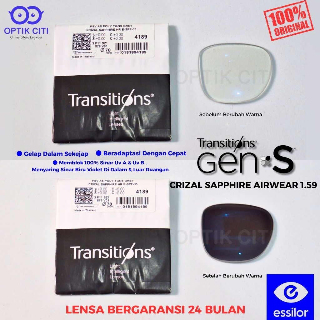 Lensa Photocromic Crizal Essilor Transition Gen S Grey Airwear 1.59 Crizal Sapphire HR Original