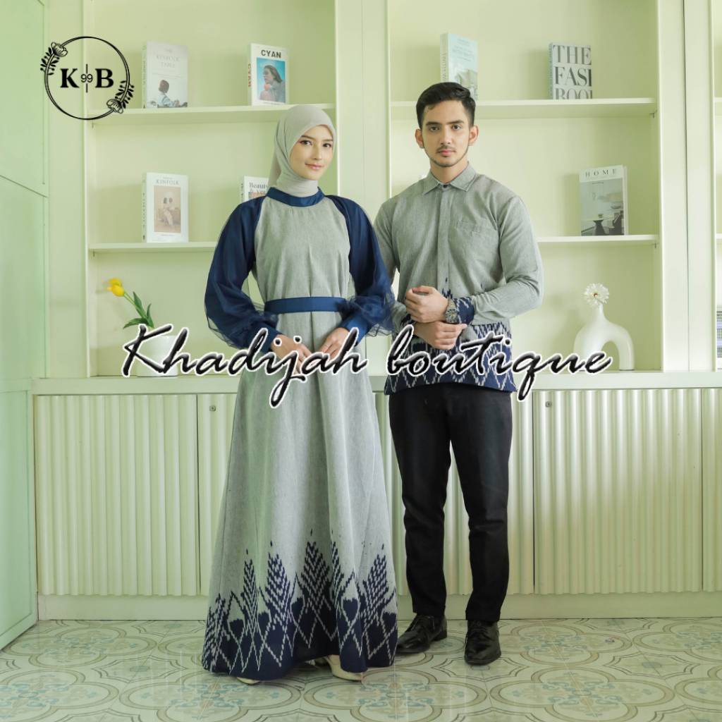 Set couple syahira grey navy kemeja pria dan dress wanita, gamis kondangan ethnic, couple baju konda