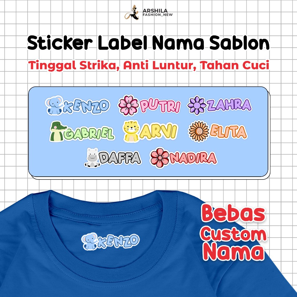 

STIKER NAMA CUSTOM SABLON DTF KARAKTER HEWAN BUNGA ANAK LAKI LAKI PEREMPUAN STIKER LABEL NAMA SERBAGUNA SABLON SETRIKA