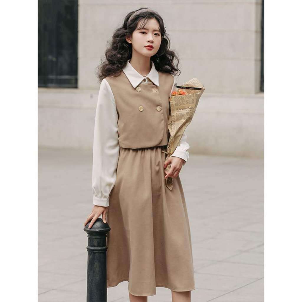 Gaun Panjang Dress Maxi Korea Gaya Seragam Sekolah Model 2 Warna Lengan Panjang, Elegan dan Modis