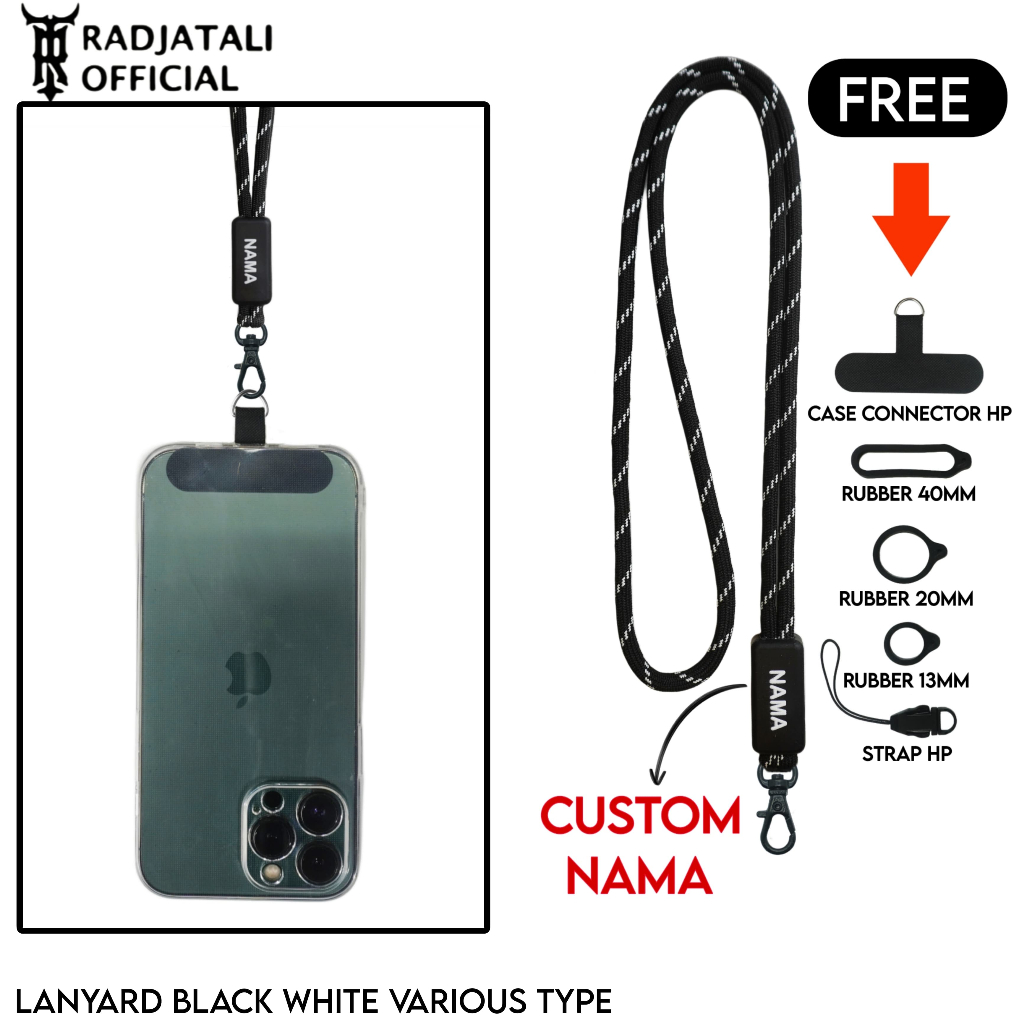 

Lanyard Perusik Custom Nama Black White Series Various Type / Tali Lanyard Hp / Tali Gantungan Hp / Tali Lanyard Gantungan Universal