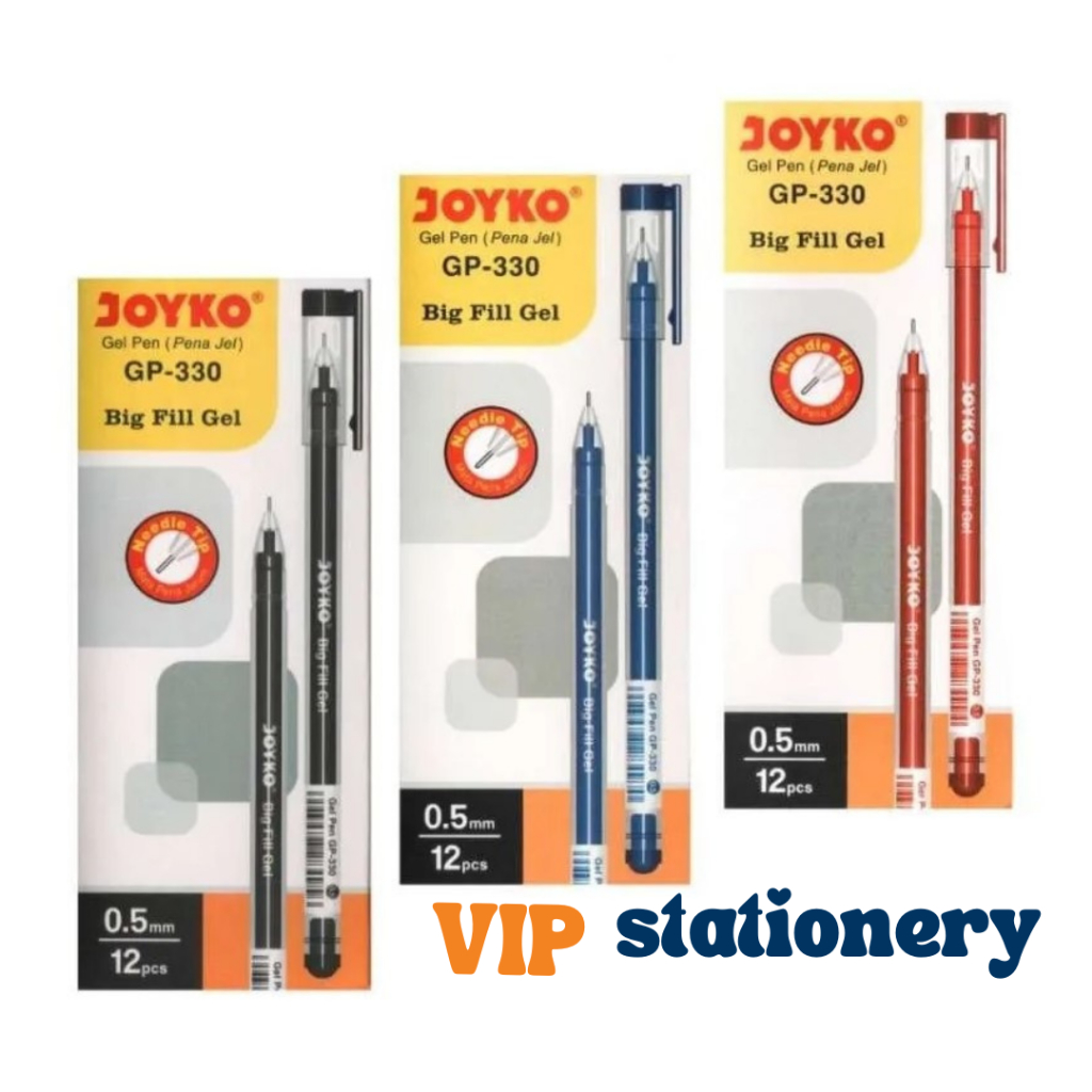 

JOYKO Gel Pen Pulpen Pena GP-330 Big Fill Gel 0.5 mm / GP-330 Big Fill Hitam Biru Merah (1 kotak isi 12 pcs)