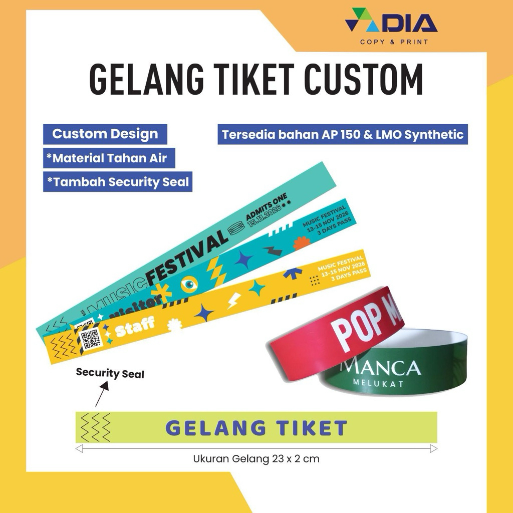 Gelang Tiket Masuk / Gelang Tiket Event / Gelang Tiket Custom / Lem 3M / Security Shield / Full Colo