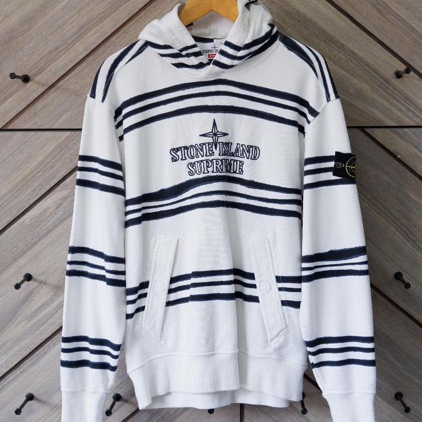 STONE ISLAND HOODIE x SUPREME WARP STRIPE WHITE