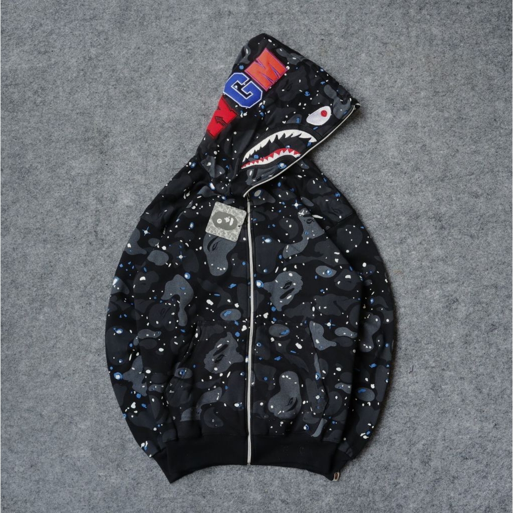 jaket hoodie bape shark wgm camo hitam fullteg&lebel unisex