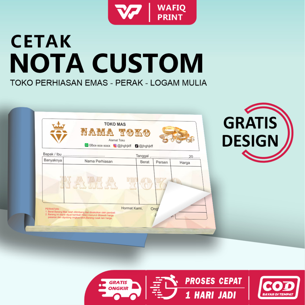 

Nota custom nama sendiri emas perak logam mulia 2 ply 1 ply ukuran 1/4 folio gratis design kwitansi