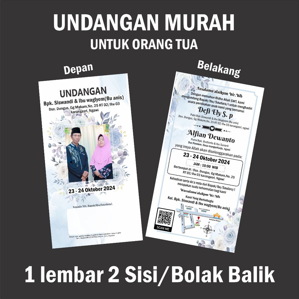 Undangan pernikahan untuk Orang tua dengan Foto 1 lembar bolak balik