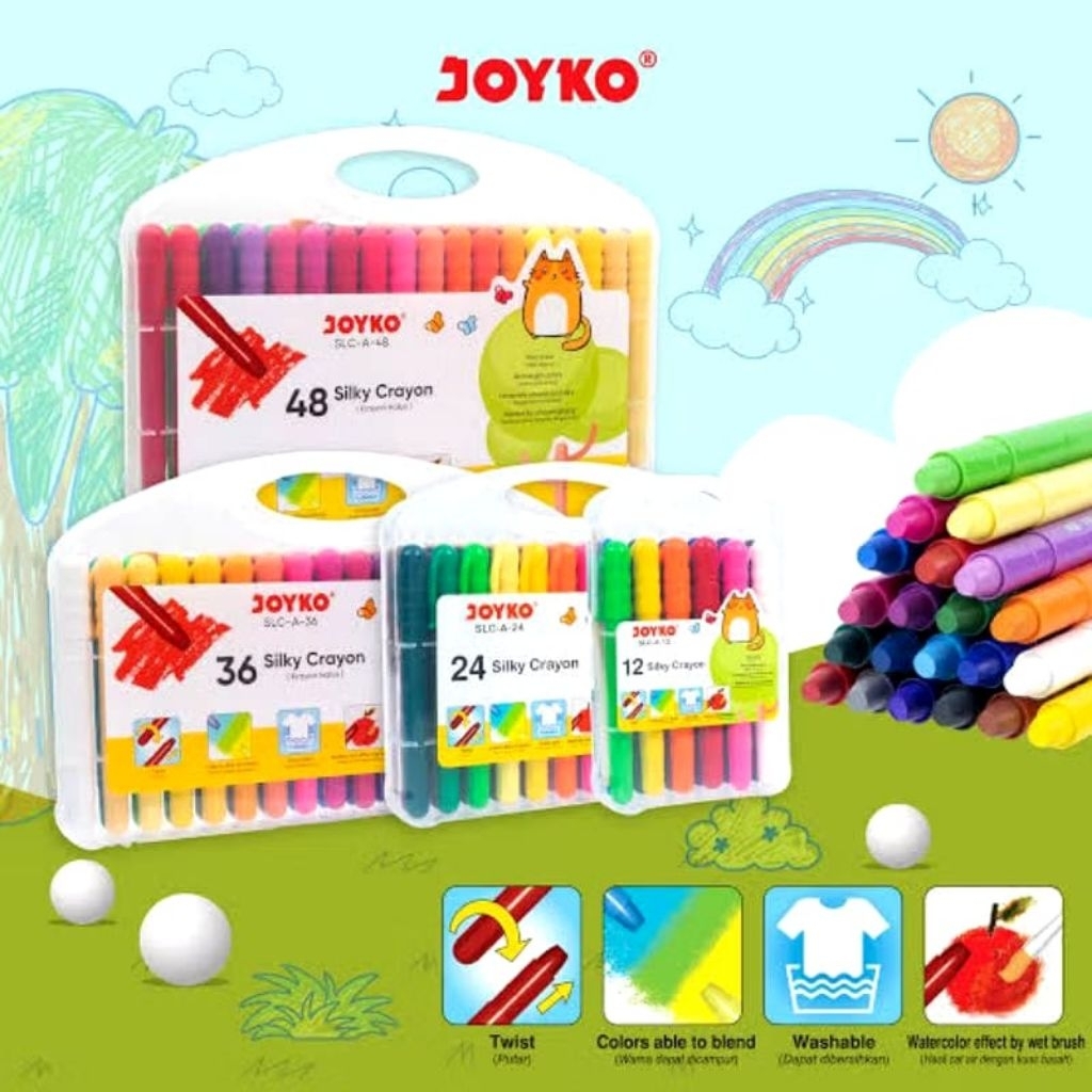 

JOYKO SILKY CRAYON TWIST WASHABLE COLOR SET 12 24 36 48 WARNA KRAYON HALUS LEMBUT PUTAR BISA CUCI