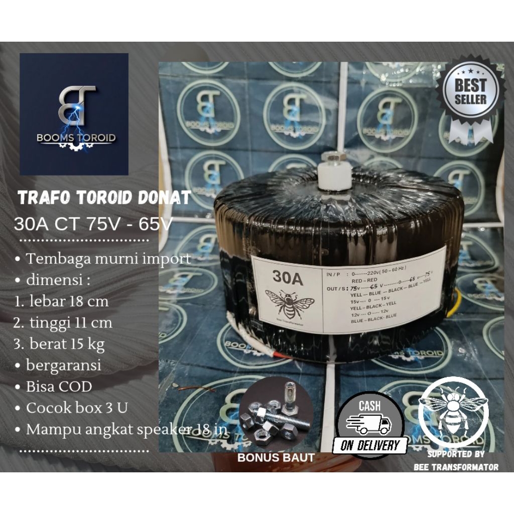trafo toroid donat 30A CT 75V - 65V murni