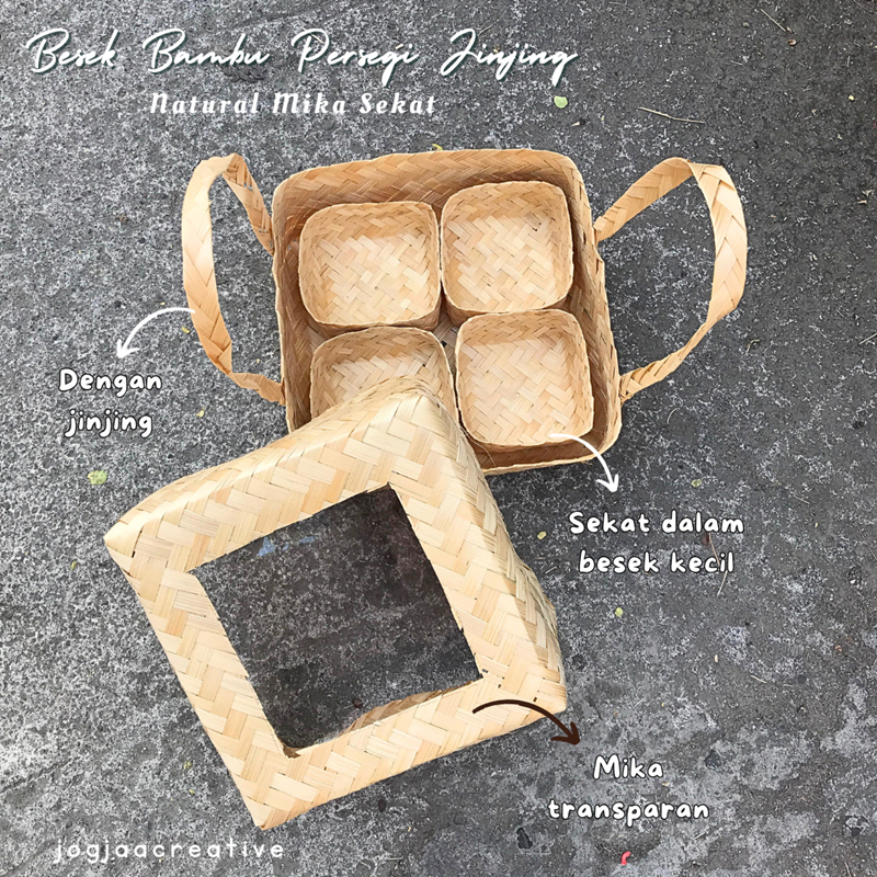 BESEK JINJING 22x22 cm NATURAL SEKAT TUTUP MIKA isi besek kecil/Besek Gudeg Garuda/Besek Bambu Berse