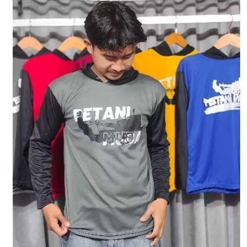 Kaos tani bersablon PETANI MUDA gambar traktor hitam - lengan panjang + kupluk