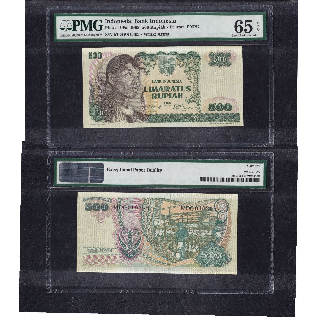 Uang kuno PMG 65 EPQ - 500 Rupiah tahun 1968 Jendral Sudirman ... S/N MDG016305