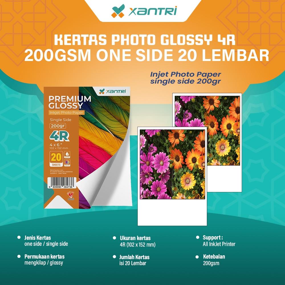 

Paper Xantri Foto Glossy 4R 200gsm / 230gsm One Side Photo Kertas Mengkilap 20 Lembar / 100 Lembar