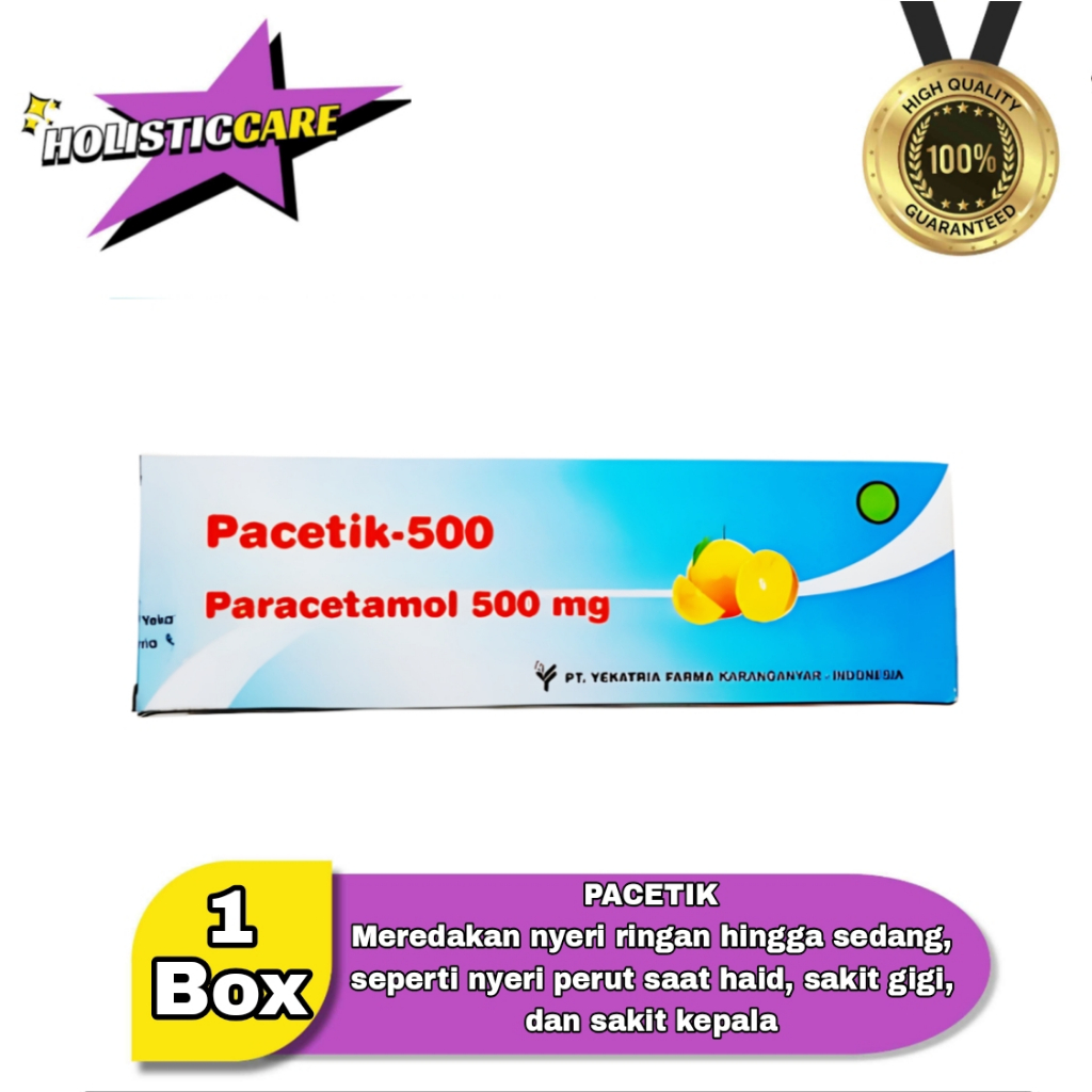 (BOX) Pacetik Paracetamol 500 mg / Menghilangkan demam, nyeri kepala dan sakit pada gigi