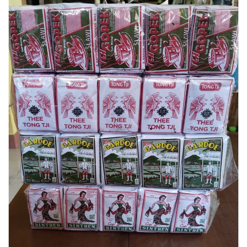 

4 SLOP/PACK TEH RACIAN ISI TEH GOPEK,TONG TJI,GARDU HIJAU DAN SINTREN (PER 1 SLOP ISI 10X40GR)
