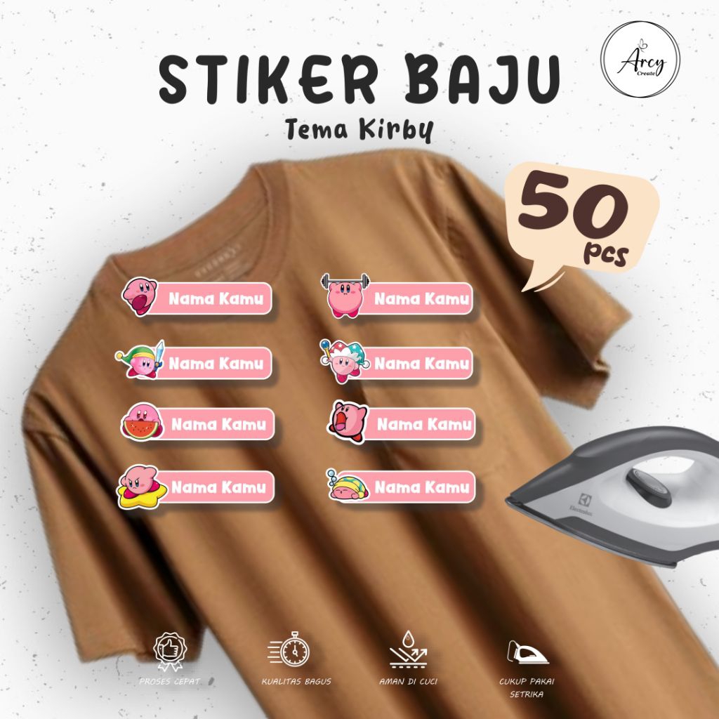 

( 50pcs ) Custom Cetak Stiker Kain Label Nama DTF tema Kirby Sablon Setrika