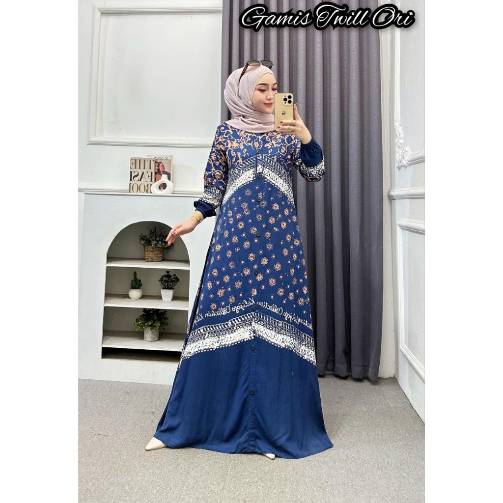 Gamis Twill Ori Terbaru Motif Batangan Kancing Depan Busui