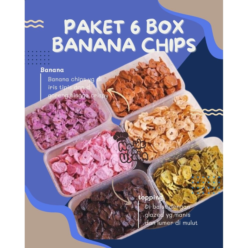 

PAKET 6 BOX KERIPIK PISANG LUMER MIX VARIAN RASA COKLAT STRAWBERRY MATCHA TARO TIRAMISU VANILA Tersedia juga cuanki seblak boci ayam suwir pedas mercon paket usaha isi 12pcs tanpa jeruk limau / enak murah pedas