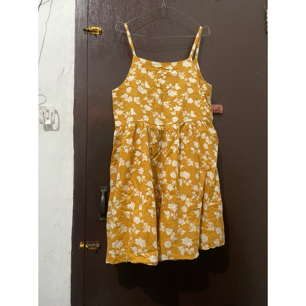 tali satu dress mustard motif bunga