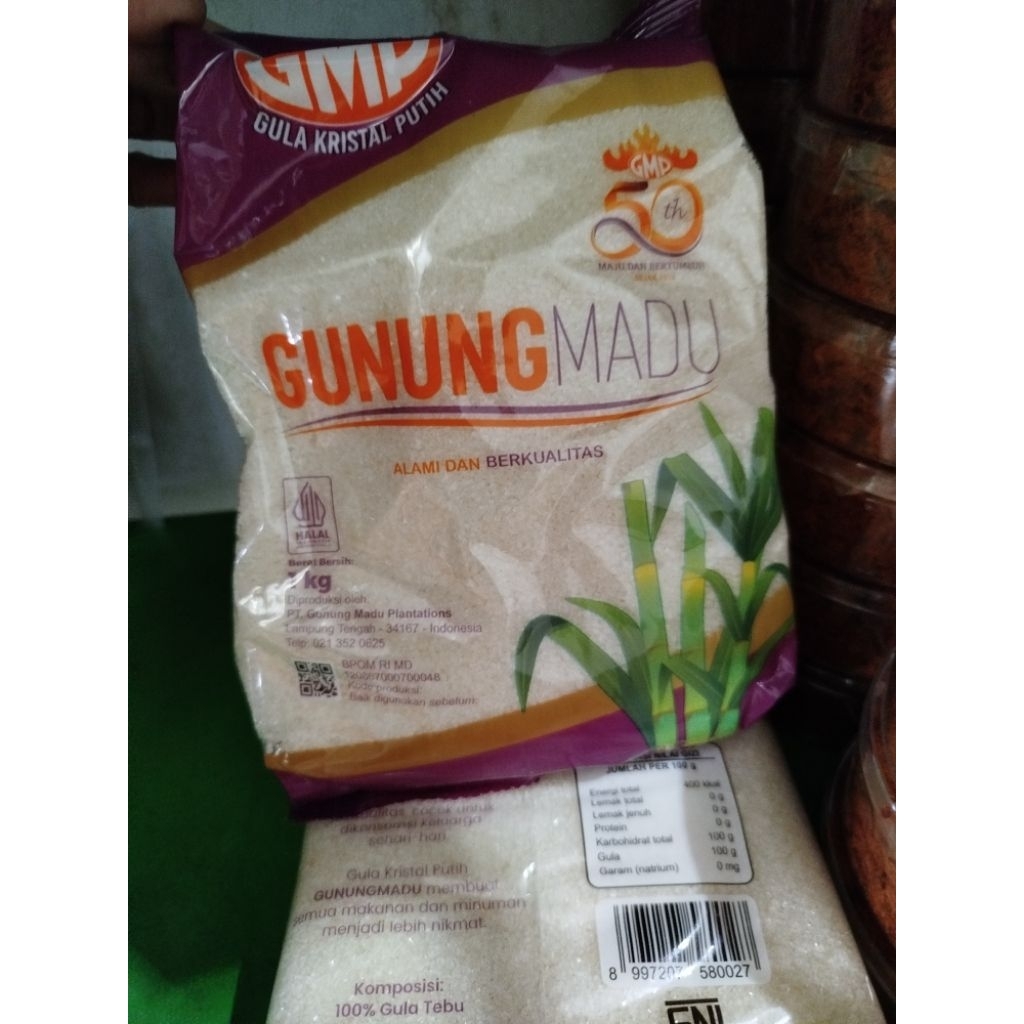 

Gula pasir kemasan 1kg, Gunung Madu atau GMP.