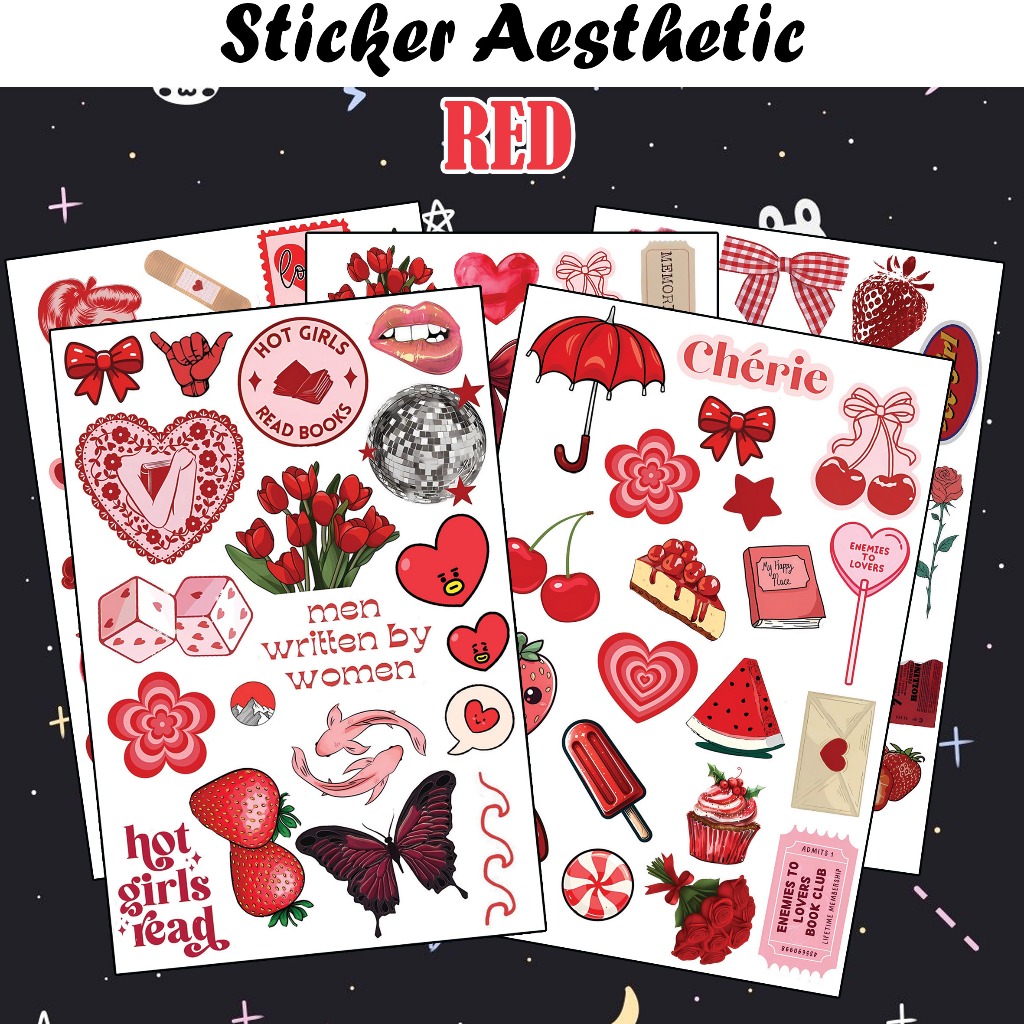 

Sticker Aesthetic A6 Merah Waterproof sticker tema warna stiker estetik anti air pack red glossy Vintage jurnal color Deco Korea kawai lucu simple