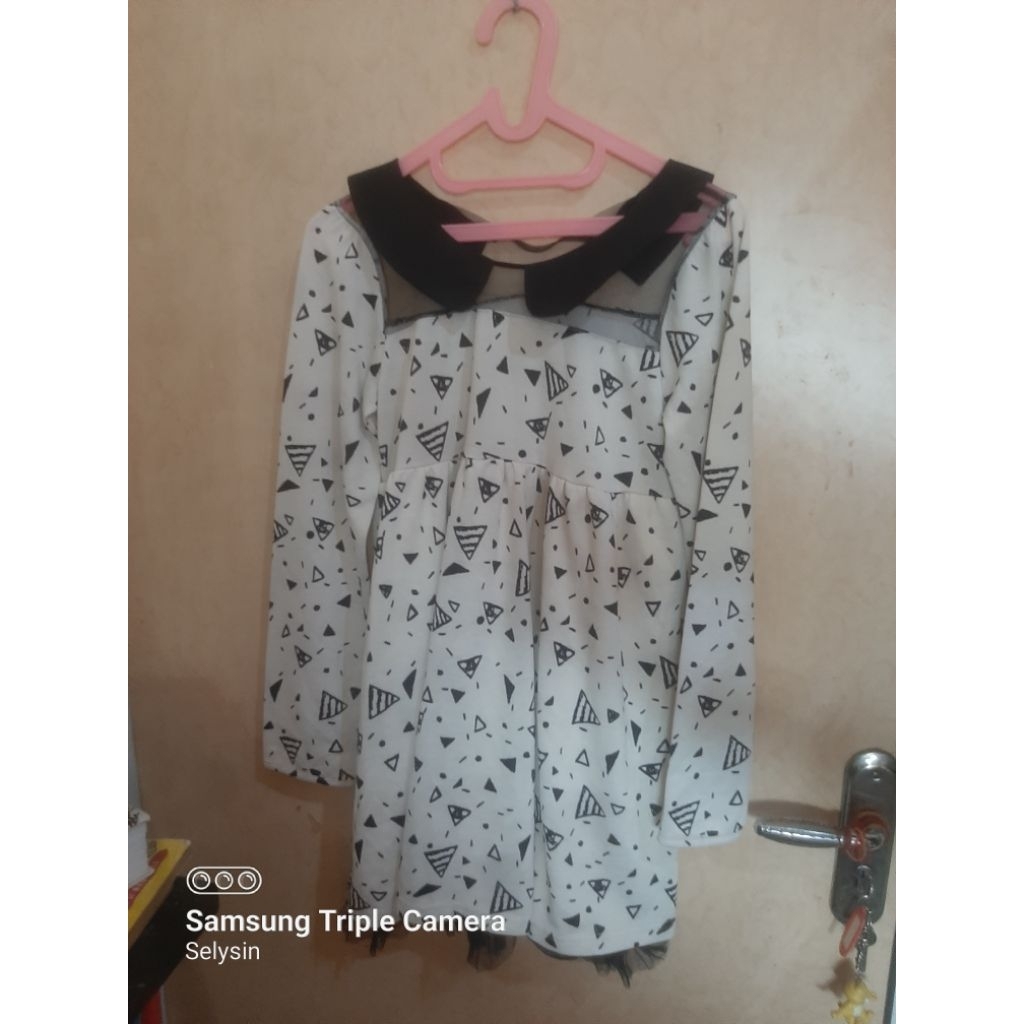 dress putih knit tile corak kerah sailor kawai korea