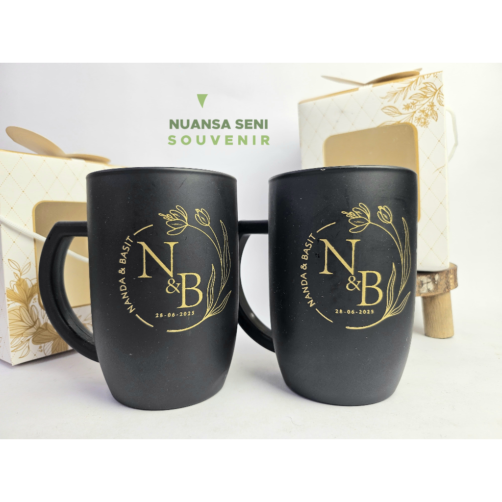 Souvenir Gelas Mug Oval Jumbo Cangkir Gagang Kaca Doff Hitam Custom Sablon Kemas Box