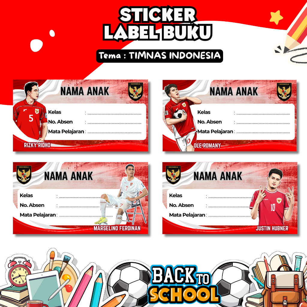 

(ISI 44 PCS ) STICKER MAPEL SEPAKBOLA TIMNAS INDONESIA - STICKER NAMA CUSTOM - STICKER BUKU CUSTOM TIMNAS