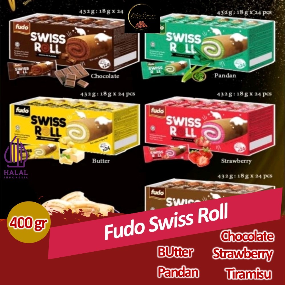 

Fudo Swiss Roll 422gram 24pcs Chocolate,Strawberry,Pandan,Butter Dan Tiramisu