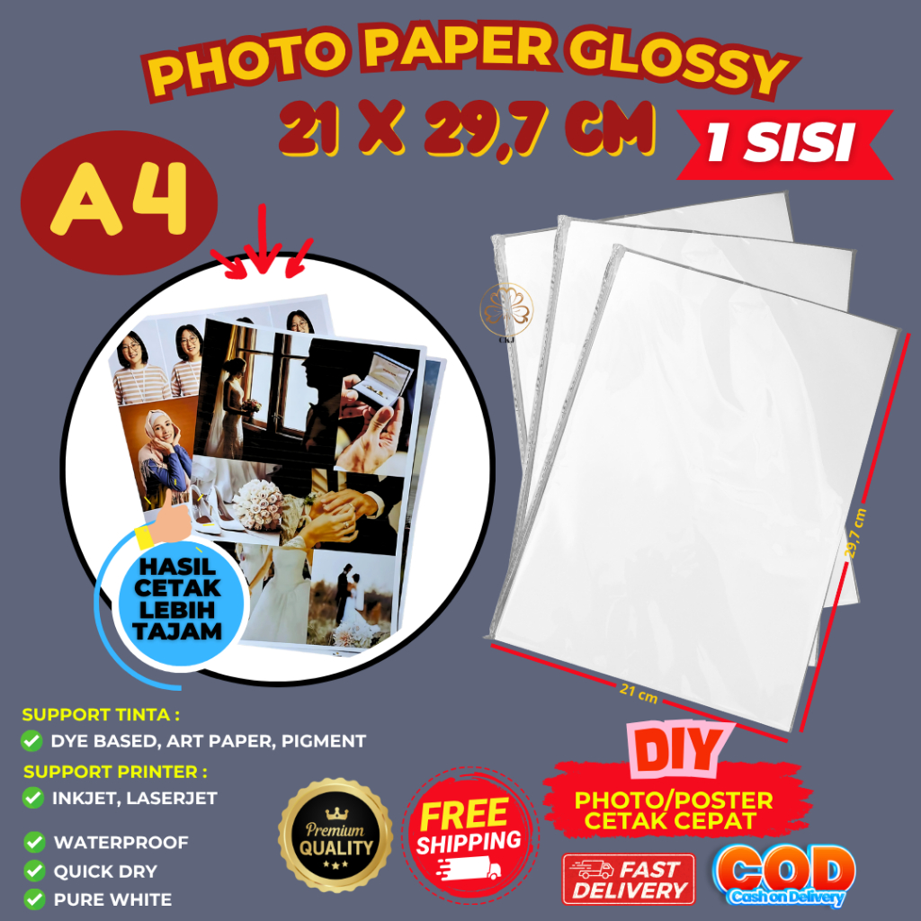 KERTAS FOTO GLOSSY A4 1 SISI ANTI AIR / PHOTO PAPER GLOSSY INKJET WATERPROOF