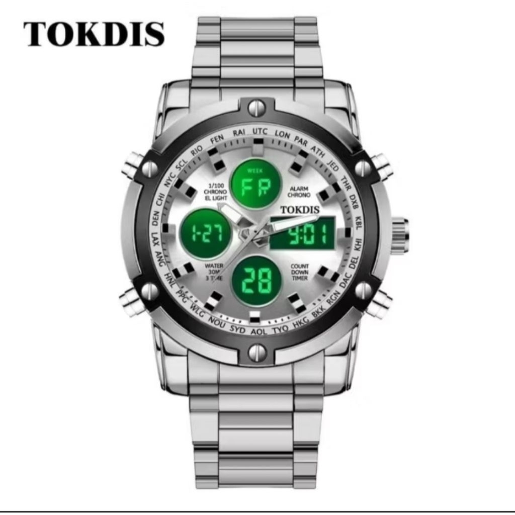 Tokdis Jam Tangan Pria 2590 Double Time Rantai Stainless Steel Water Resistant 3 ATM Kaca Watches. 
