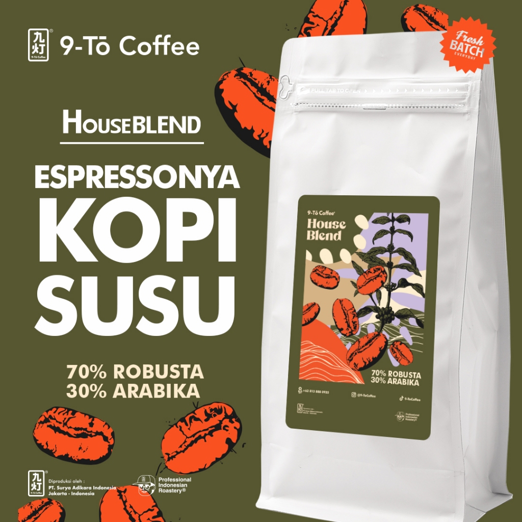 

9-To Coffee Kopi Susu Blend 30% Arabika 70% Robusta 1Kg Biji Kopi Indonesia
