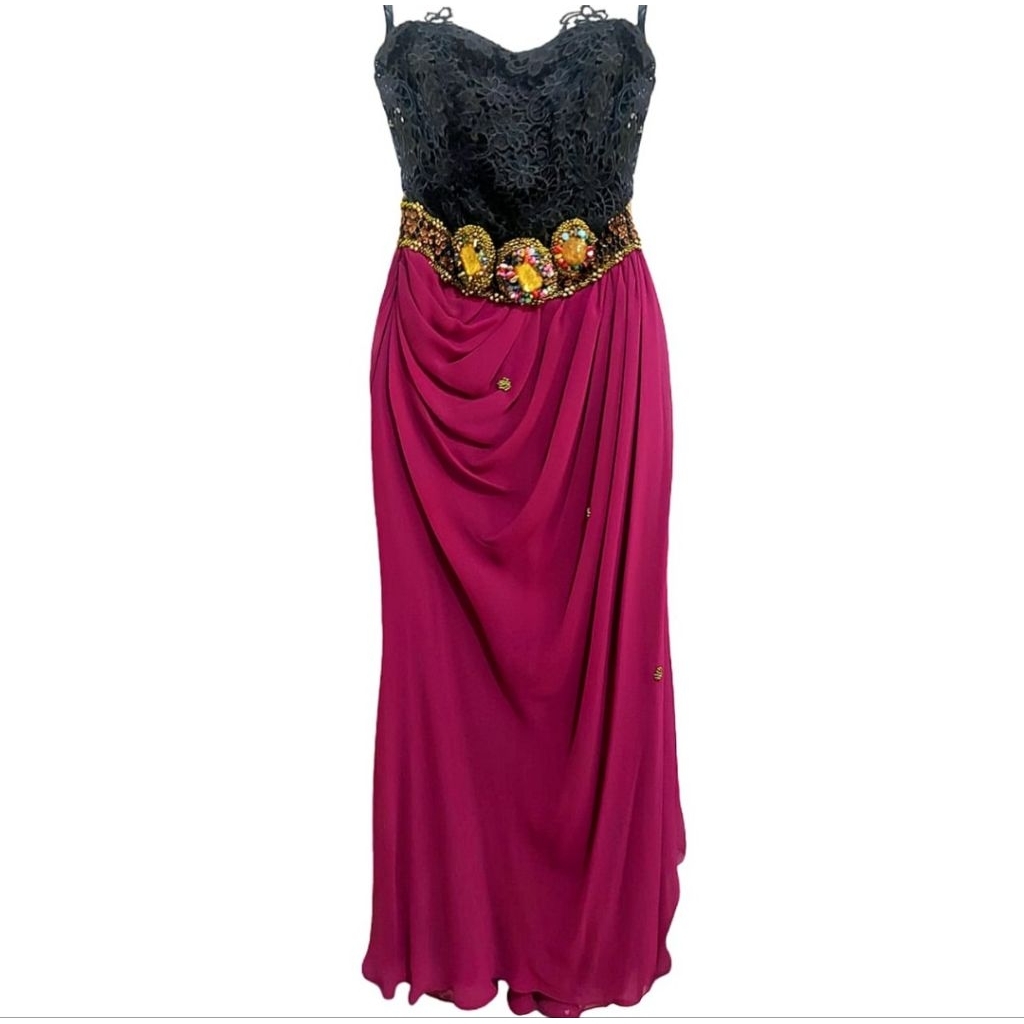 Long dress dewasa preloved kemben kombinasi atasan hitam brokat, bawah magenta tua sutra mote mote d