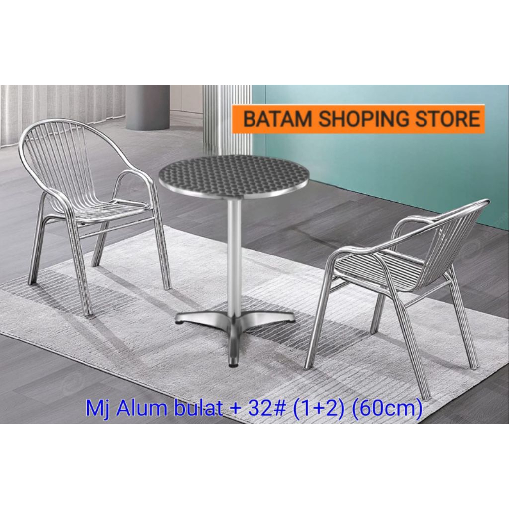 MEJA TERAS BULAT 60 CM + 2 KURSI BAHAN ALUMINIUM