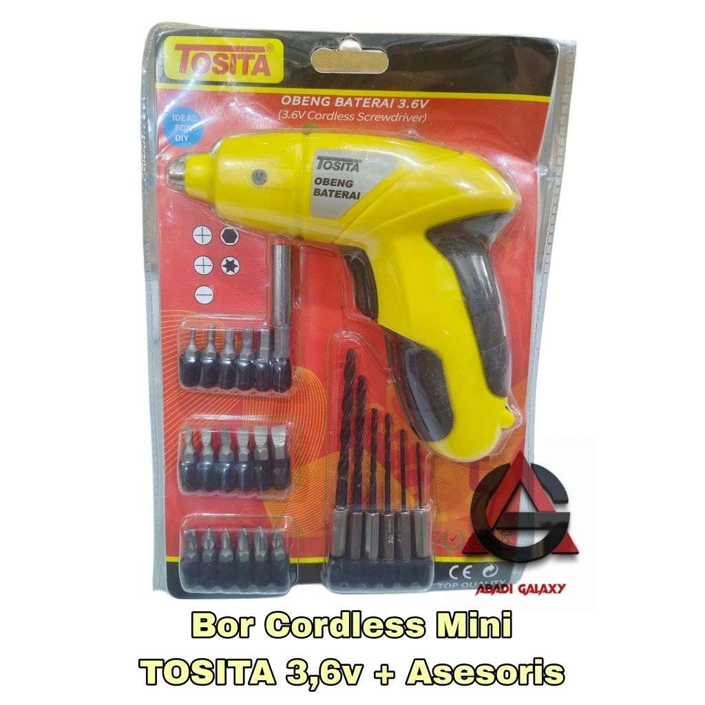 Mesin Bor Cas Mini / Bor Cordless Mini Tosita + 24 pcs Asesoris Mata Bor.
