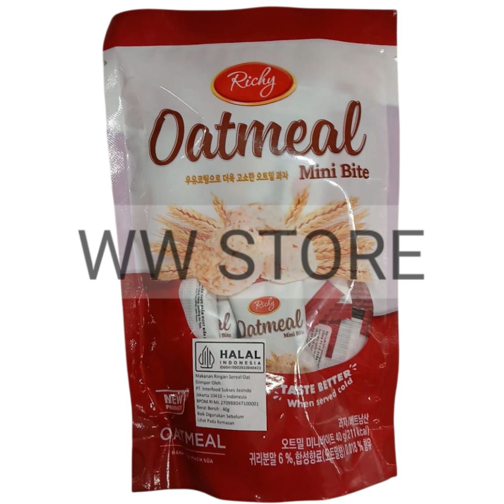 

Cemilan snek makanan ringan sereal oat rasa asli halal MUI Richy Oatmeal Original Mini Bite 40g