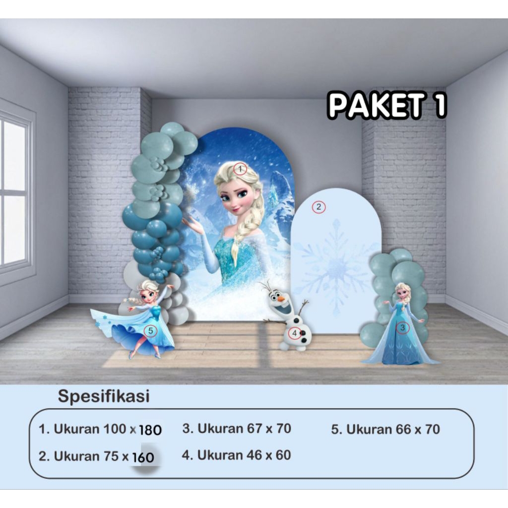 PAKET DEKORASI ULANG TAHUN TEMA FROZEN / BACKDROP ULANG TAHUN / STANDING KARAKTER ULANG TAHUN ANAK