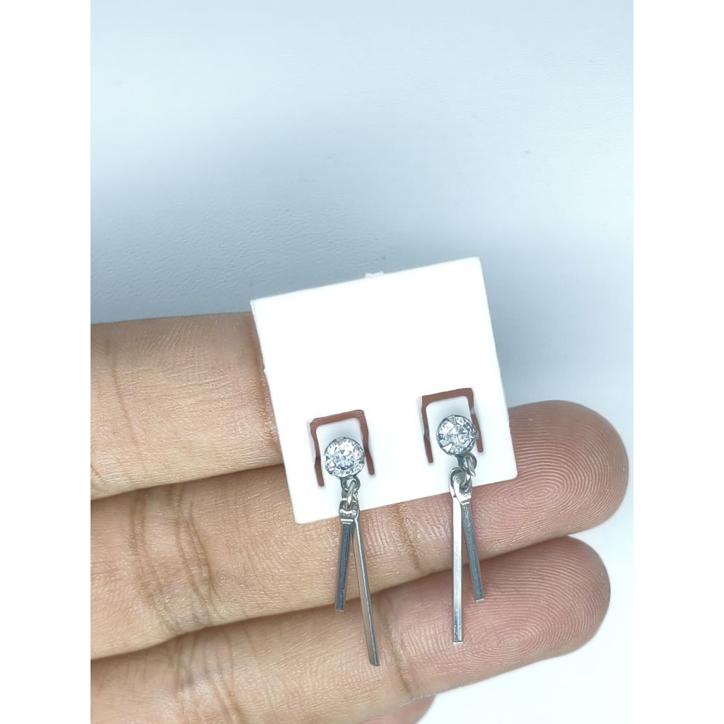 Anting Tusuk / Giwang Titanium Stainless Monel Model Juntai Batu American Diamond Putih 4mm