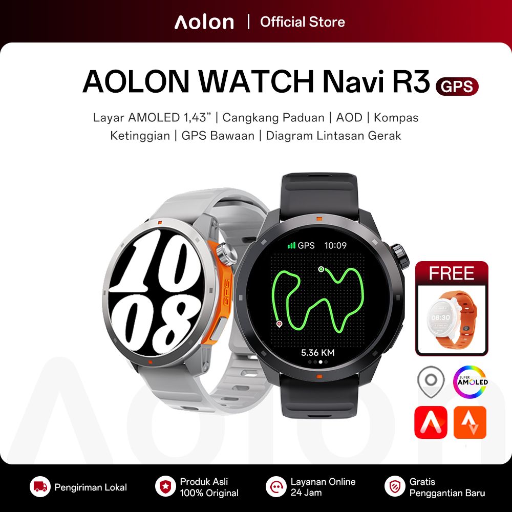Aolon Navi R3 Jam Tangan Smartwatch GPS Map Amoled AOD Display Smart Watch Pria original 100% Pace A