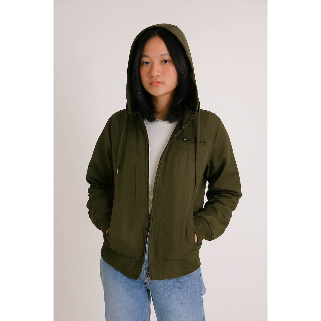 Jaket Rolun Wanita Parasut Zipper Hoodie Waterproof Olive
