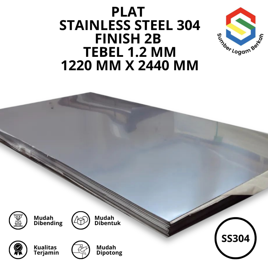 Plat stainless steel lembaran tebel 1.2 mm x 1220 mm x 2440 mm finish 2b 304